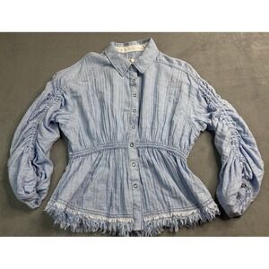 Free People Blouse Small Blue All Your Love Top Boho Ruched Festival Chambray